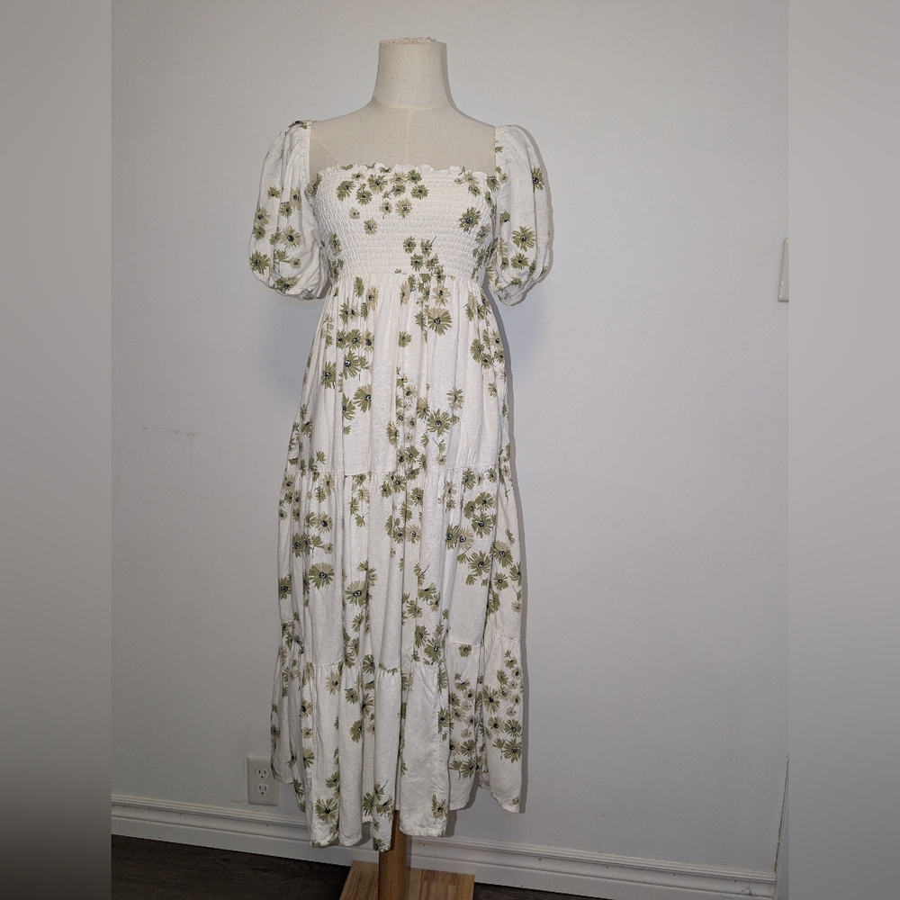 Abercrombie & Fitch White Midi Dress with Green Floral Design